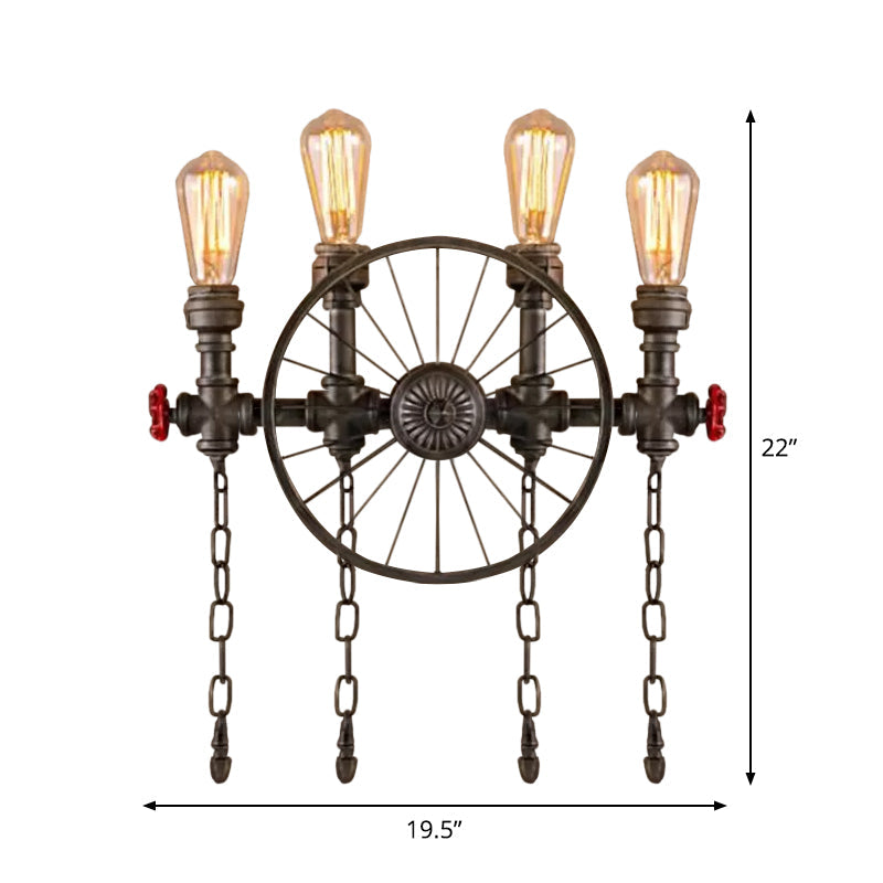 Steampunk Rohr Rad Wand Leuchte 2/4-Kopf Eisen Wand Licht Vorrichtung mit Kette und Ventil in Bronze