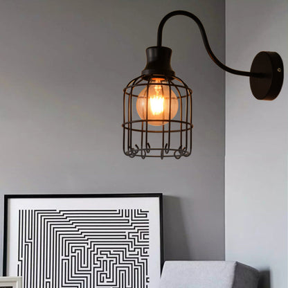 Frendorf | Metalen Vogelkooi Wandmontage Verlichting met Gooseneck Arm Vintage 1 Hoofds Wandlamp Sconces in Zwart