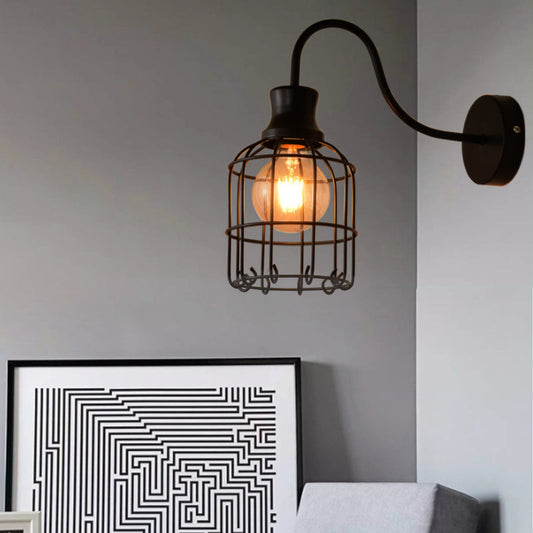 Frendorf | Metalen Vogelkooi Wandmontage Verlichting met Gooseneck Arm Vintage 1 Hoofds Wandlamp Sconces in Zwart
