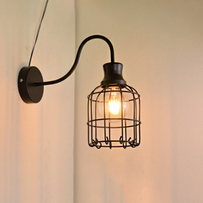 Frendorf | Metalen Vogelkooi Wandmontage Verlichting met Gooseneck Arm Vintage 1 Hoofds Wandlamp Sconces in Zwart