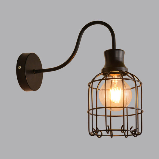 Frendorf | Metalen Vogelkooi Wandmontage Verlichting met Gooseneck Arm Vintage 1 Hoofds Wandlamp Sconces in Zwart