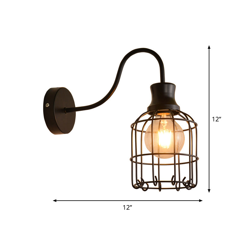 Frendorf | Metalen Vogelkooi Wandmontage Verlichting met Gooseneck Arm Vintage 1 Hoofds Wandlamp Sconces in Zwart