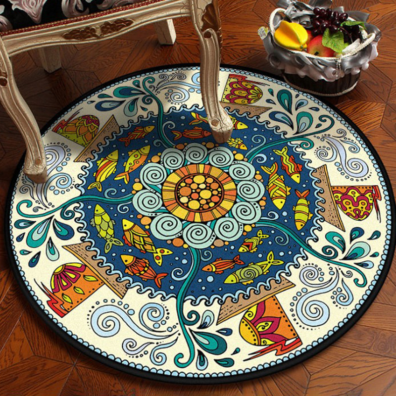 Frendorf | Blau- und weißer Schlafzimmerteppich südwestlicher Fisch Tribal Teppich Polyester waschbarer Bereichsteppich