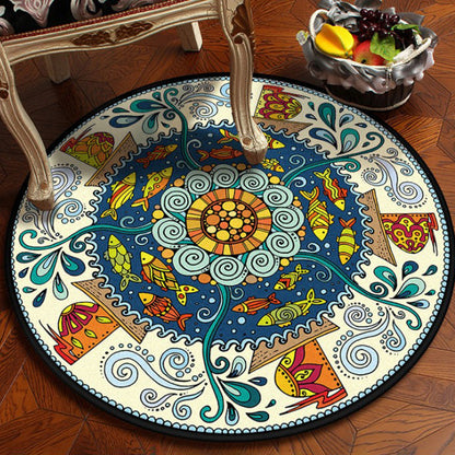 Frendorf | Blau- und weißer Schlafzimmerteppich südwestlicher Fisch Tribal Teppich Polyester waschbarer Bereichsteppich