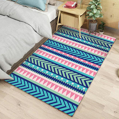 Frendorf | Blauer und rosa gestreifter Tribal Teppich mit Chevron geometrisch Polyester haustierfreundlich fleckenresistent Innen Teppich für Schlafzimmer
