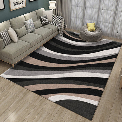 Frendorf | Novelty Stripe Curve Pattern Teppich in Schwarz und Grau Polyester Teppich Waschbarer Teppich für das Wohnzimmer