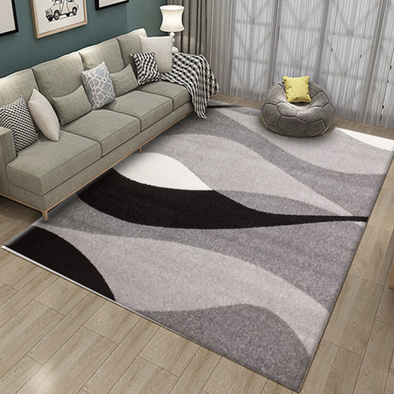 Frendorf | Novelty Stripe Curve Pattern Teppich in Schwarz und Grau Polyester Teppich Waschbarer Teppich für das Wohnzimmer