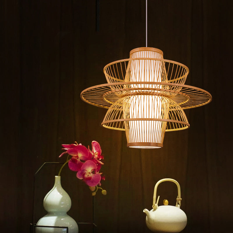 Bamboo Barrel Down Lighting Pendant Asian 16"/23.5"/39" Breit 1 Glühbirne Beige Hängeleuchte mit 3-lagigem Schirm