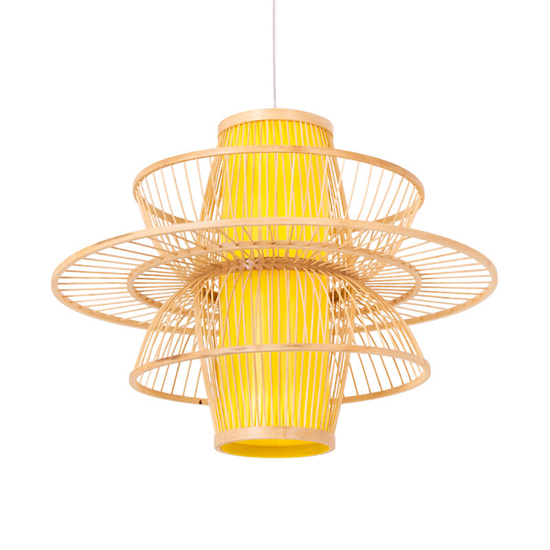 Bamboo Barrel Down Lighting Pendant Asian 16"/23.5"/39" Breit 1 Glühbirne Beige Hängeleuchte mit 3-lagigem Schirm