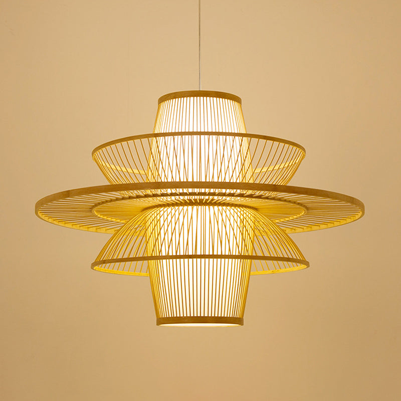 Bamboo Barrel Down Lighting Pendant Asian 16"/23.5"/39" Breit 1 Glühbirne Beige Hängeleuchte mit 3-lagigem Schirm