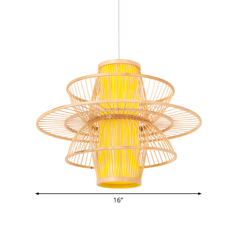 Bamboo Barrel Down Lighting Pendant Asian 16"/23.5"/39" Breit 1 Glühbirne Beige Hängeleuchte mit 3-lagigem Schirm