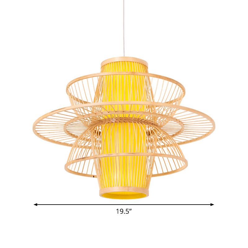 Bamboo Barrel Down Lighting Pendant Asian 16"/23.5"/39" Breit 1 Glühbirne Beige Hängeleuchte mit 3-lagigem Schirm