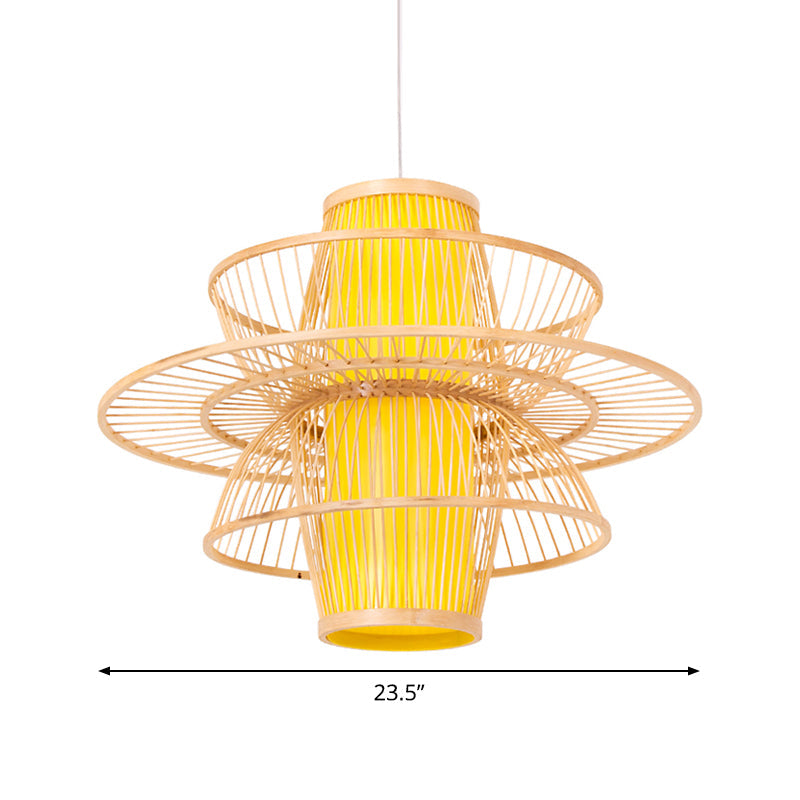 Bamboo Barrel Down Lighting Pendant Asian 16"/23.5"/39" Breit 1 Glühbirne Beige Hängeleuchte mit 3-lagigem Schirm
