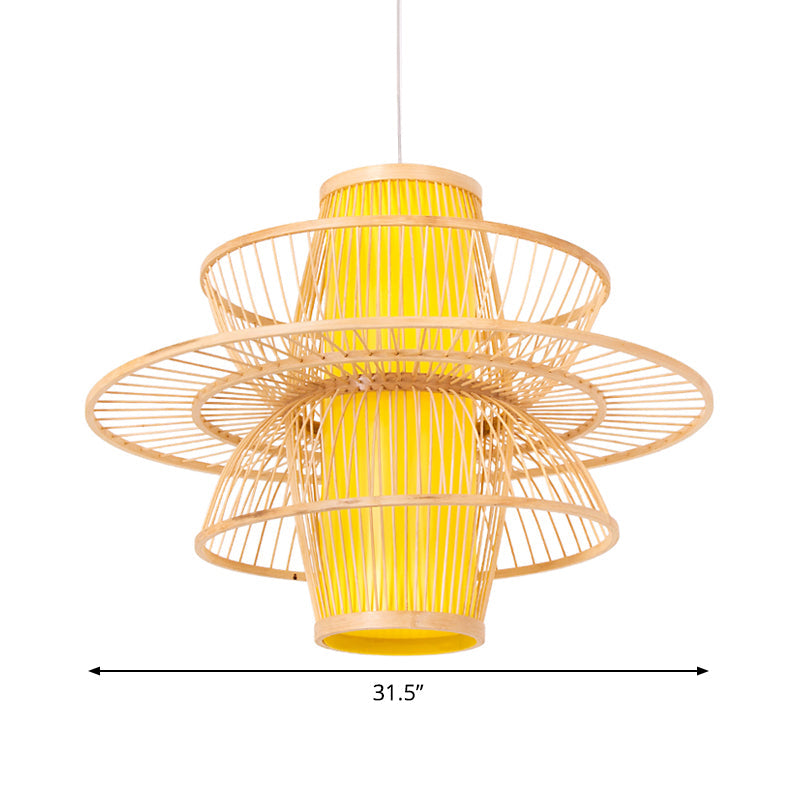 Bamboo Barrel Down Lighting Pendant Asian 16"/23.5"/39" Breit 1 Glühbirne Beige Hängeleuchte mit 3-lagigem Schirm