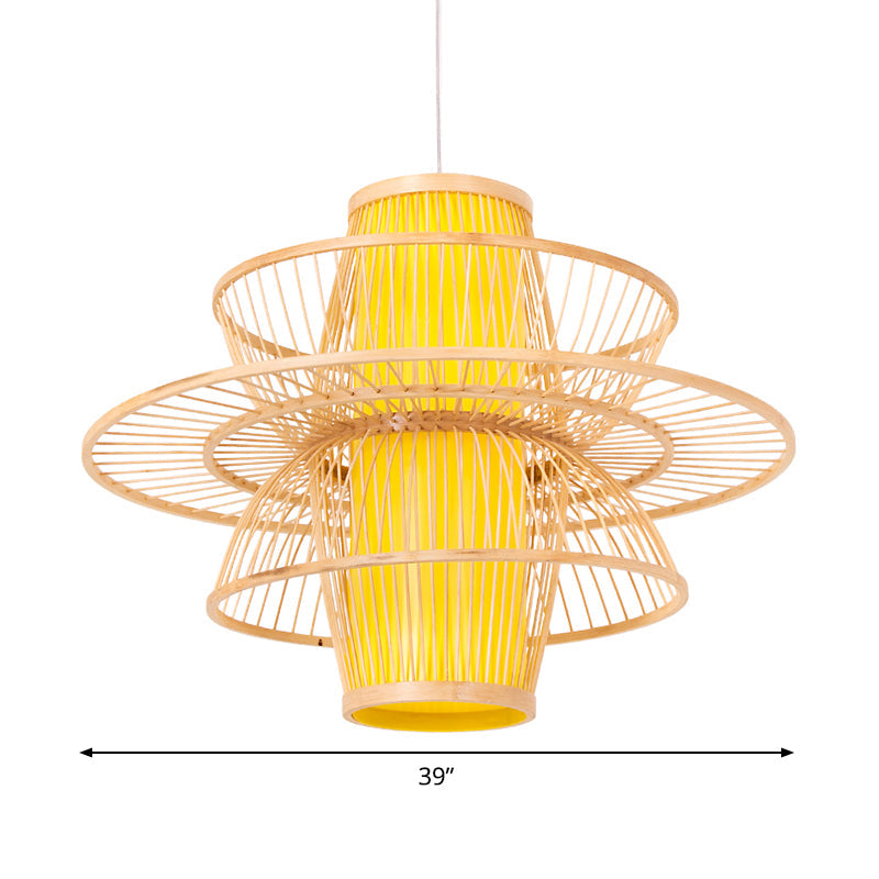 Bamboo Barrel Down Lighting Pendant Asian 16"/23.5"/39" Breit 1 Glühbirne Beige Hängeleuchte mit 3-lagigem Schirm