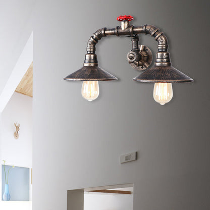 Frendorf | Kegelvormige Boerderij Wandlamp Fixture met Pijp en Klep Industriële Rustieke IJzer 2 Lichten Verweerd Brons Sconces Licht