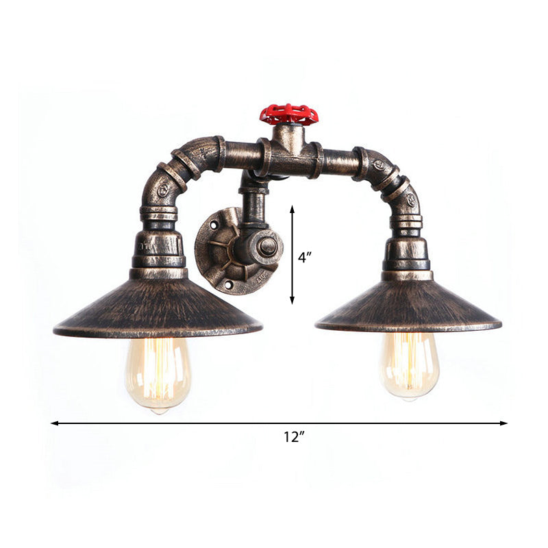 Frendorf | Kegelvormige Boerderij Wandlamp Fixture met Pijp en Klep Industriële Rustieke IJzer 2 Lichten Verweerd Brons Sconces Licht