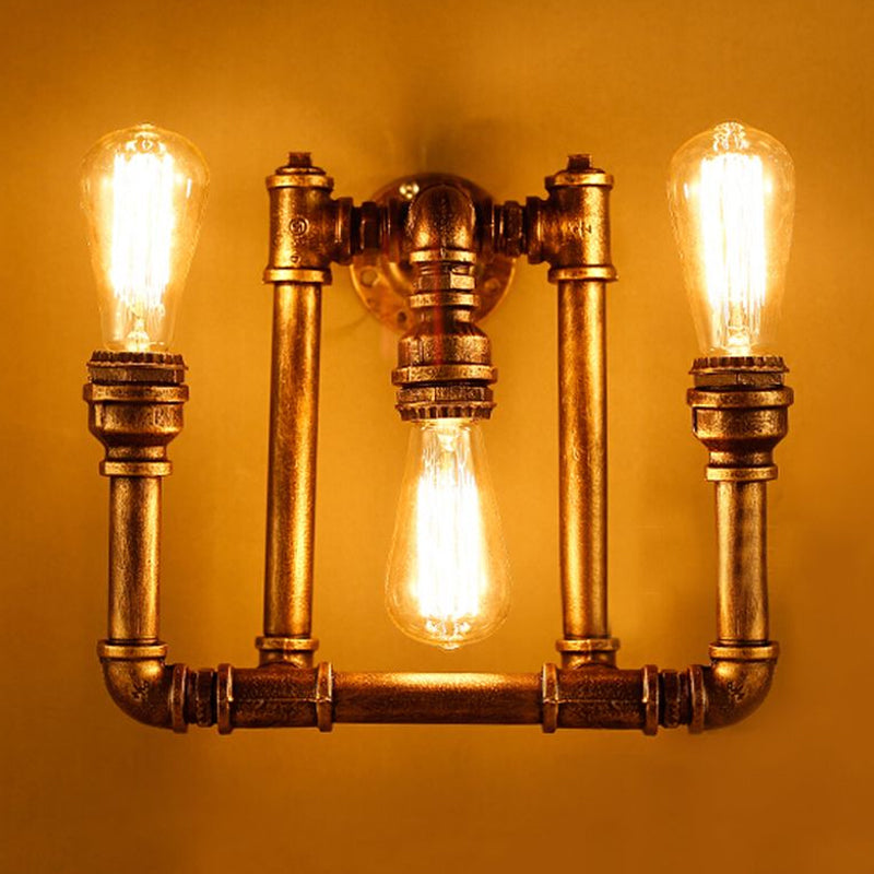 Frendorf | Industrielle Exposed Wandlampe mit Rohrdesign 3 Köpfe Schmiedeeisen Wandleuchte in antikem Messing für Flur