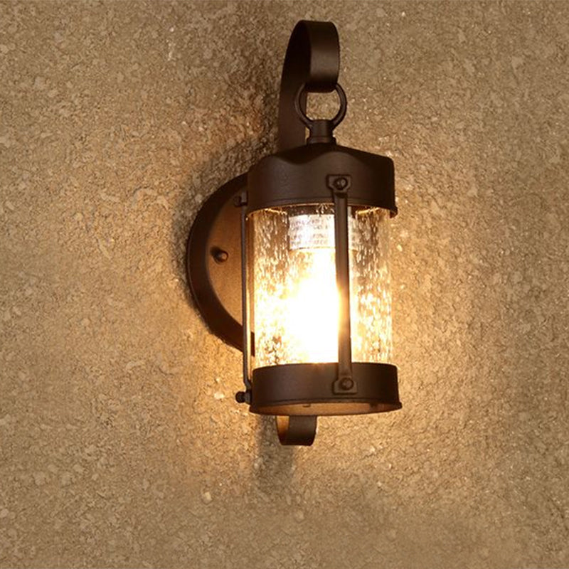 Frendorf | Ein Lampen Wandlicht mit Zylinder/Laternen-Schirm Blasenglas Industrielle Veranda Wandleuchte Fixture in Schwarz