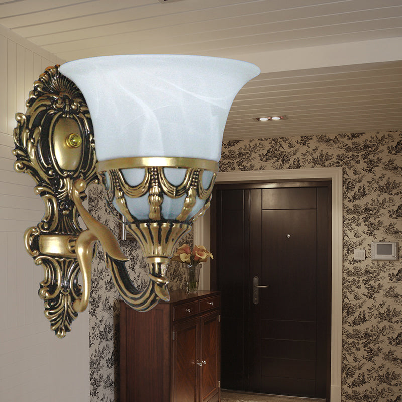 Alabaster Glas Bronze Wandlampe Trompete 1 Licht Antike Stil Wand sconces Licht fixture