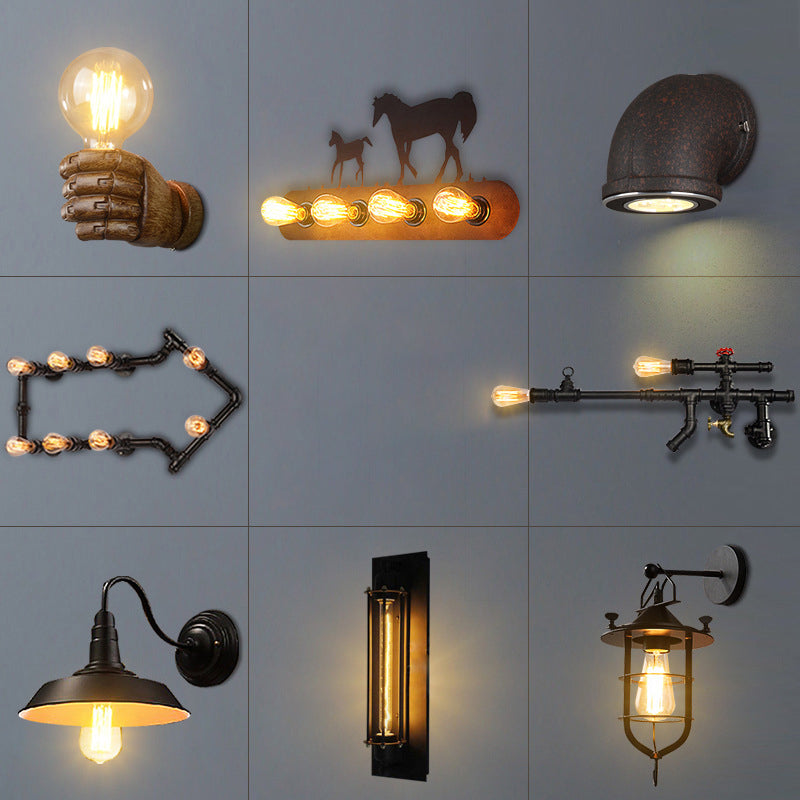 Frendorf | Eisen Schwarze Oberfläche Wand Sconce Wasserrohr/Käfig/Faust-förmig 1-Glühbirne Industrie Stil Wandmontierte Lichtarmatur