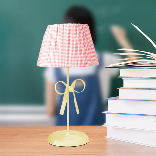 Pink Karierter Schatten Schreibtischlampe 1 Kopf Liebliche Stoffstudienlampe mit Schleife für das Wohnheim Schlafzimmer