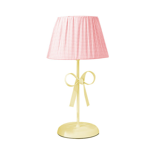 Pink Karierter Schatten Schreibtischlampe 1 Kopf Liebliche Stoffstudienlampe mit Schleife für das Wohnheim Schlafzimmer