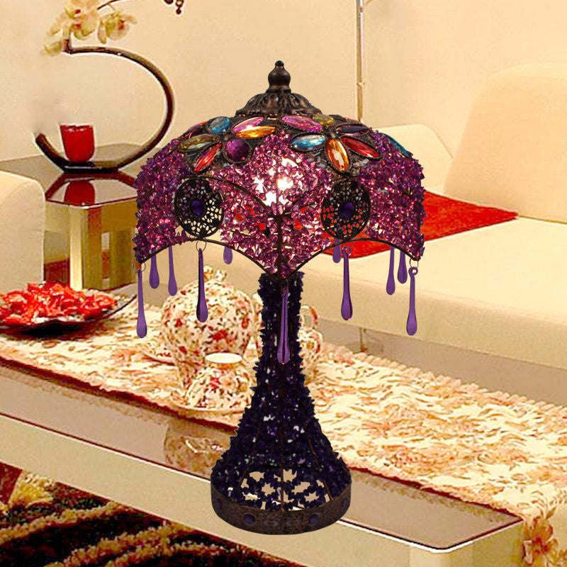 1-Licht Nachttischlampe Bohemian Buntglas-Schüssel Hohlraum Tischlicht mit ausgestelltem Fuß in Lila/Rot