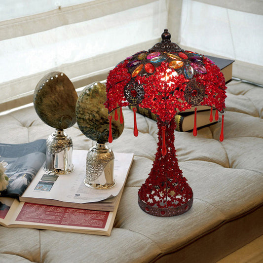 1-Licht Nachttischlampe Bohemian Buntglas-Schüssel Hohlraum Tischlicht mit ausgestelltem Fuß in Lila/Rot