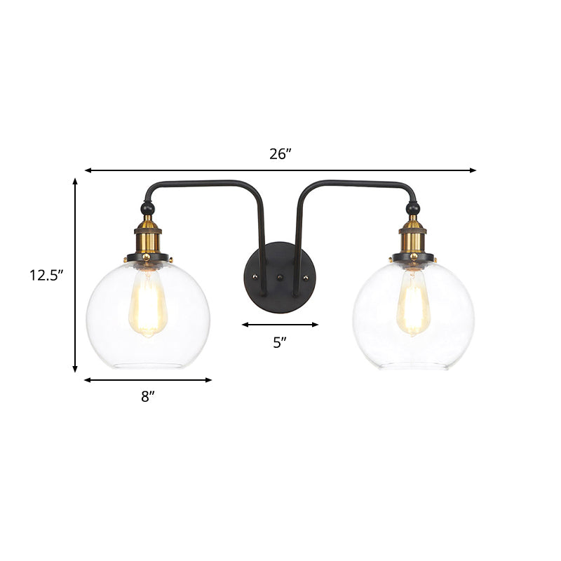 Frendorf | Schwarze Globe/Schalen-Wandleuchte Industriedesign Klarglas 2 Lichter Esszimmer Wandbeleuchtung