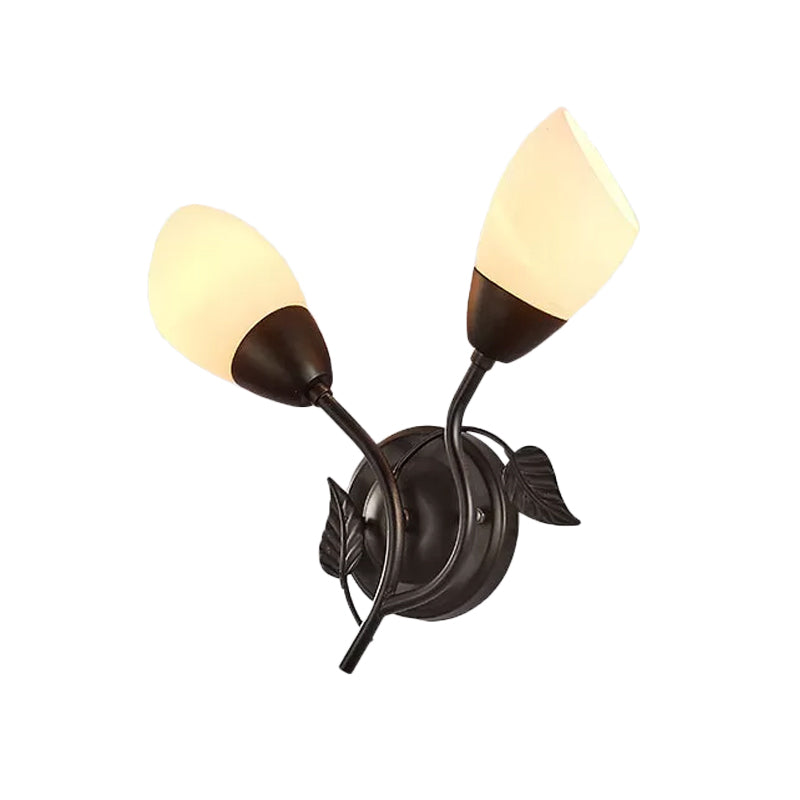 Frendorf | Rustieke Tulp Wandlantaarn Licht 2 Lampen Opal Frosted Glas Wandgemonteerde Lamp in Zwart/Goud voor Slaapkamer