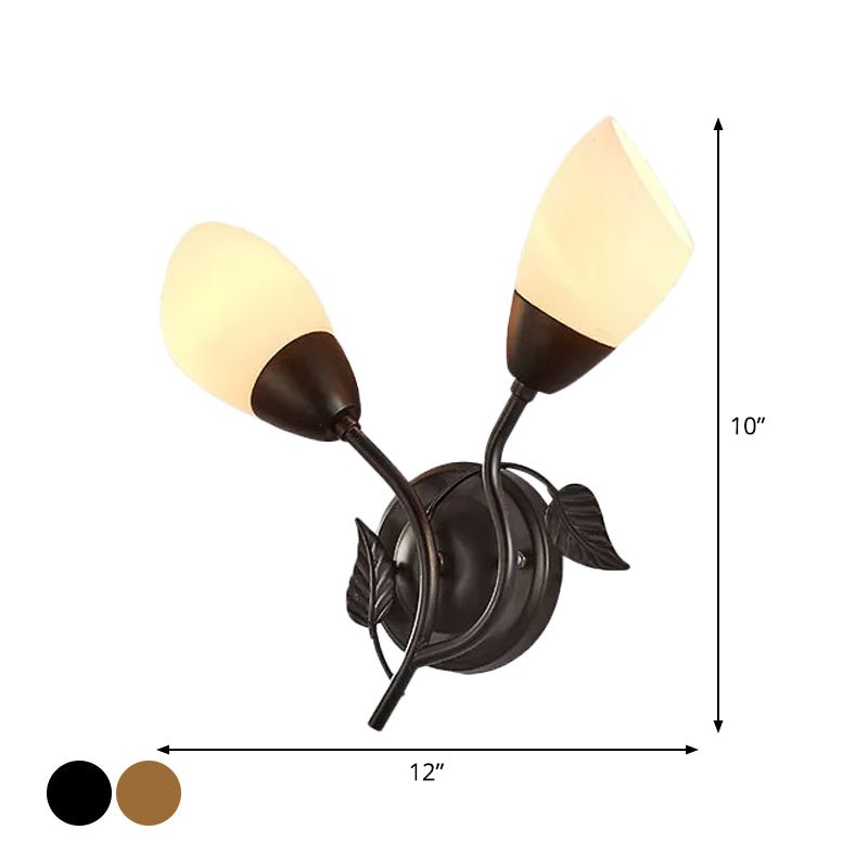 Frendorf | Rustieke Tulp Wandlantaarn Licht 2 Lampen Opal Frosted Glas Wandgemonteerde Lamp in Zwart/Goud voor Slaapkamer