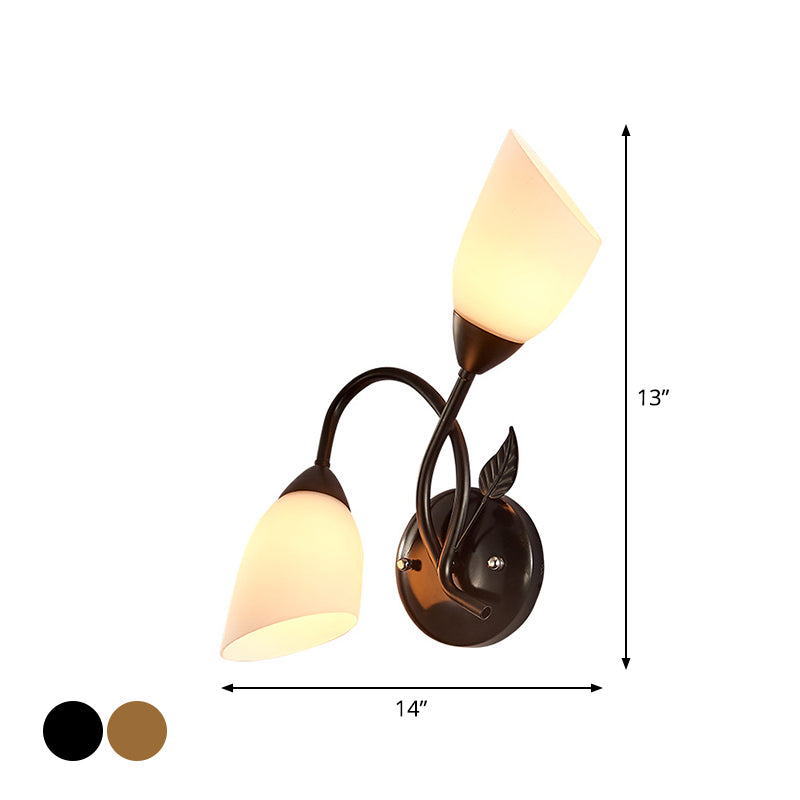 Frendorf | Rustieke Tulp Wandlantaarn Licht 2 Lampen Opal Frosted Glas Wandgemonteerde Lamp in Zwart/Goud voor Slaapkamer