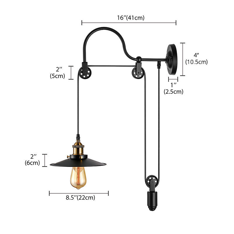 Frendorf | 1 Bulb Flat Wandlamp Industrieel Stijl Zwart Metallic Verstelbare Wandverlichting Fixture met Pulley Ontwerp