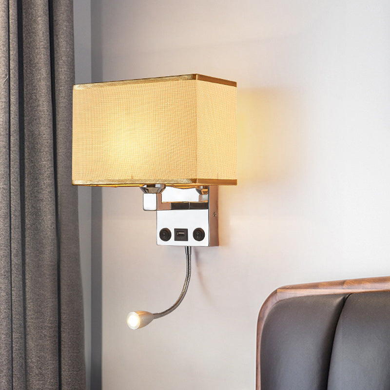 Frendorf | Schwarz/Weiß/Flachs Kubus Wandleuchte Moderne Einzelfabric-Wandlampe mit USB-Anschluss und Spotlichter