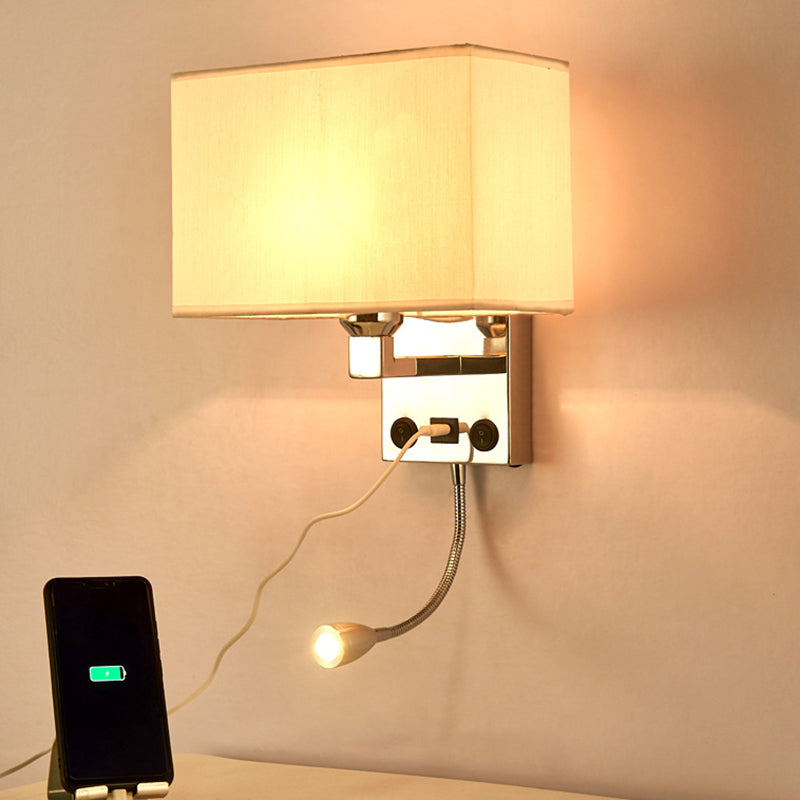 Frendorf | Schwarz/Weiß/Flachs Kubus Wandleuchte Moderne Einzelfabric-Wandlampe mit USB-Anschluss und Spotlichter