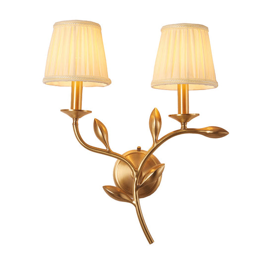 Frendorf | 1/2-Birnen Tapetenbeleuchtung Rustikales Gold Gesammelter Stoff Wandmontierte Lampe mit Weizendekor