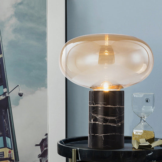 9,5"/15" W Einzelne Wohnraum Nachtlicht Postmoderne schwarze Marmor Tischlampe mit Ellipse grau/bernsteinfarbigem Glasschirm