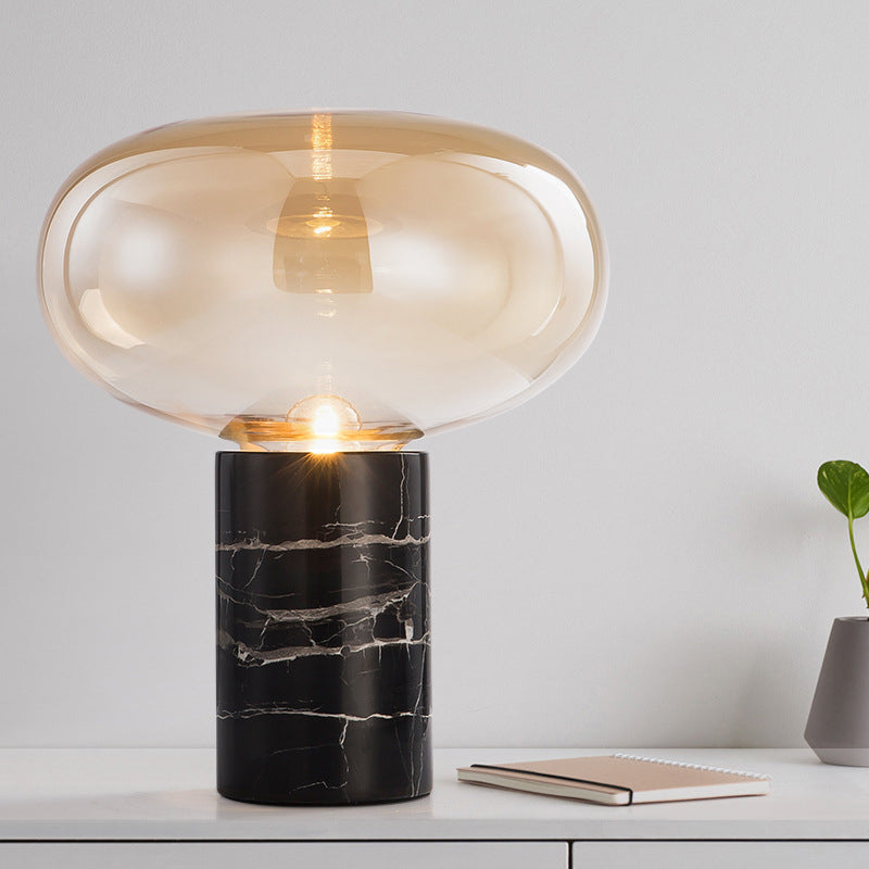 9,5"/15" W Einzelne Wohnraum Nachtlicht Postmoderne schwarze Marmor Tischlampe mit Ellipse grau/bernsteinfarbigem Glasschirm