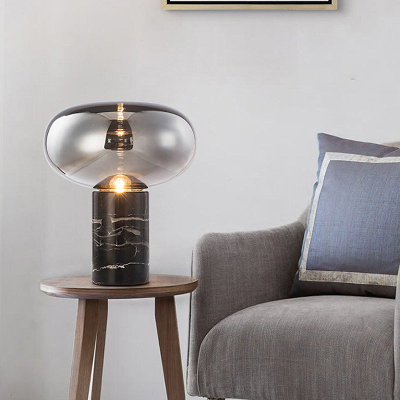 9,5"/15" W Einzelne Wohnraum Nachtlicht Postmoderne schwarze Marmor Tischlampe mit Ellipse grau/bernsteinfarbigem Glasschirm