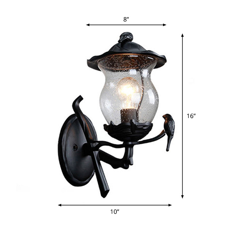 Frendorf | 1-Licht Seedy Glas Lantern Wandeinbouw Rustic Zwarte Gourde Vormige Tuin Wandlamp met Vogel Deco
