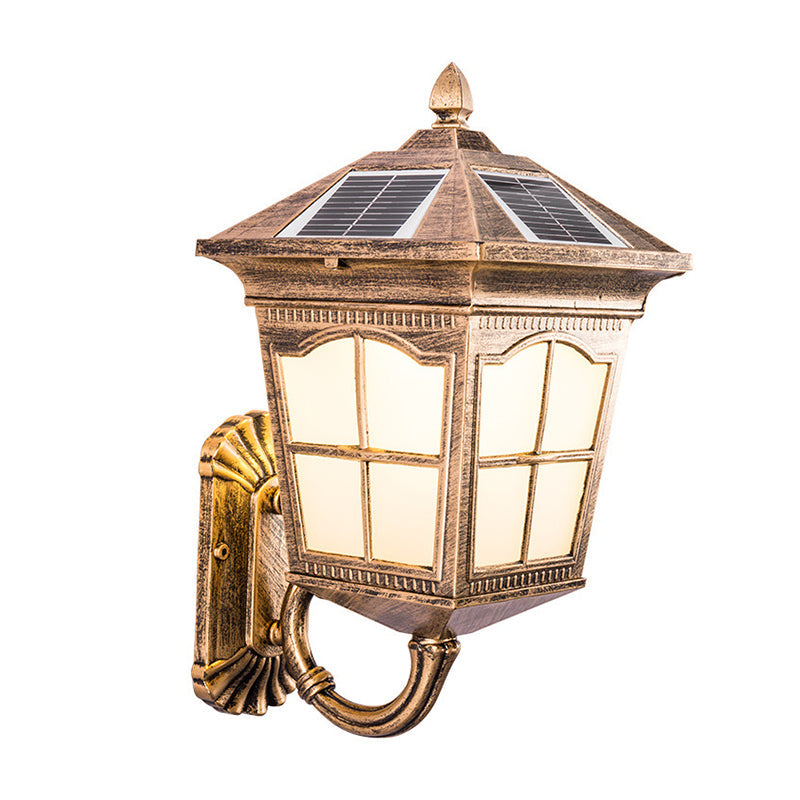 Frendorf | Antieke Stijl Huis Lantaarn Wandlamp Frosted Glas Zonne-LED Wandkandelaar in Messing, Klein/Groot