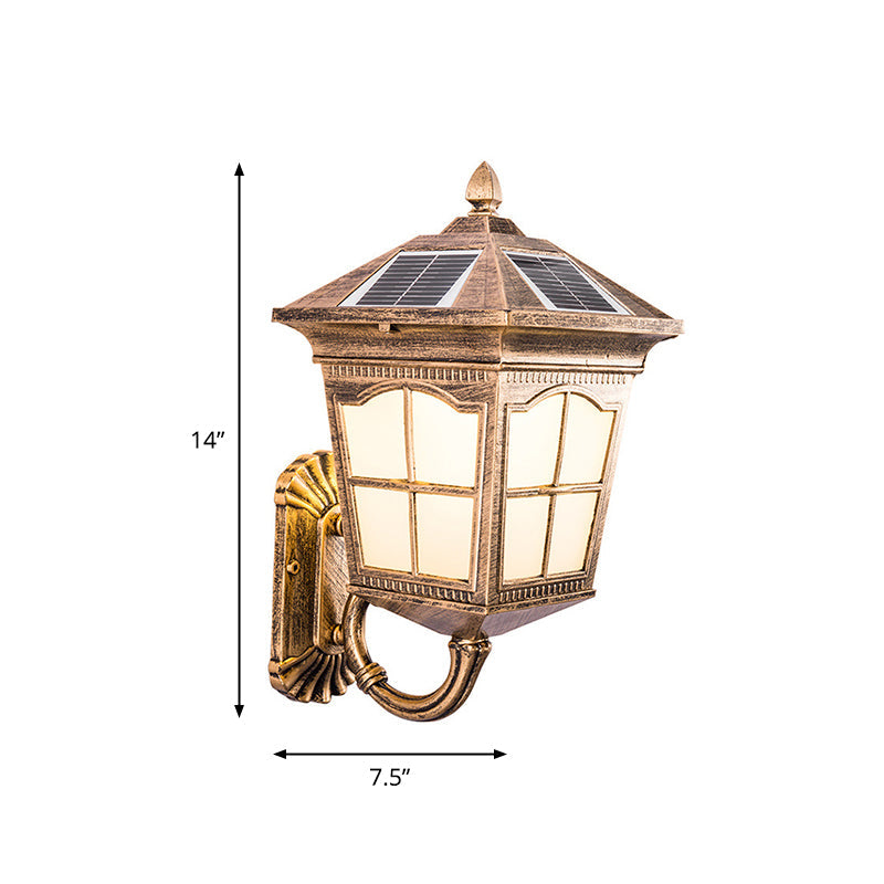 Frendorf | Antieke Stijl Huis Lantaarn Wandlamp Frosted Glas Zonne-LED Wandkandelaar in Messing, Klein/Groot