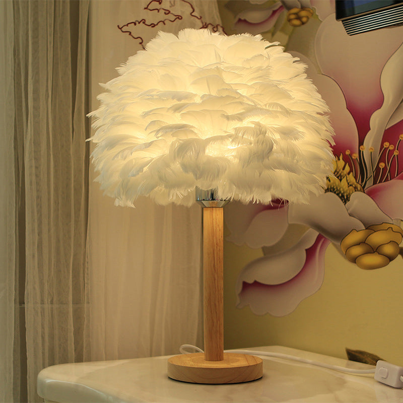 Feder Blumenähnliche Nachtlampe Modern 1-Licht Grau/Blau/Bordeaux und Holz Tischleuchte für Schlafzimmer