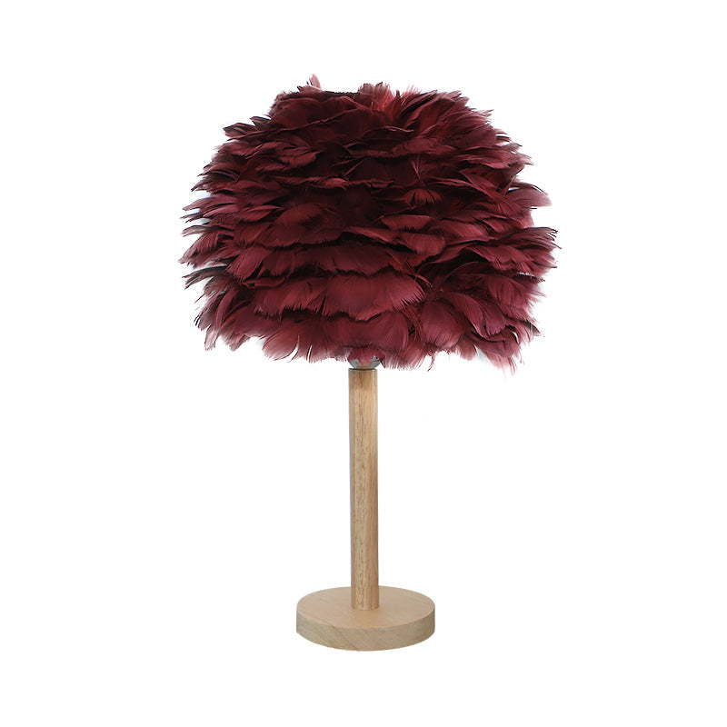 Feder Blumenähnliche Nachtlampe Modern 1-Licht Grau/Blau/Bordeaux und Holz Tischleuchte für Schlafzimmer