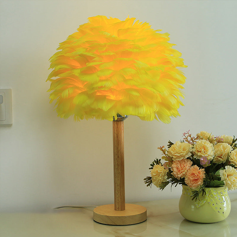 Feder Blumenähnliche Nachtlampe Modern 1-Licht Grau/Blau/Bordeaux und Holz Tischleuchte für Schlafzimmer