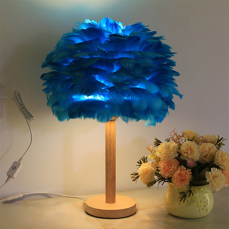 Feder Blumenähnliche Nachtlampe Modern 1-Licht Grau/Blau/Bordeaux und Holz Tischleuchte für Schlafzimmer