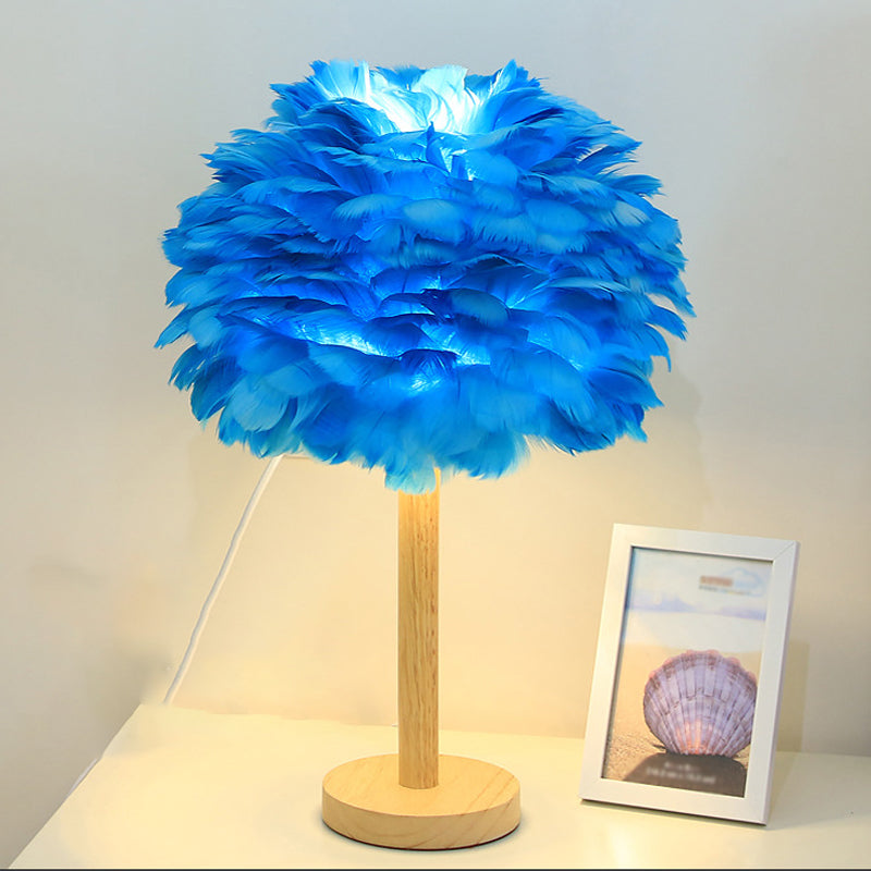 Feder Blumenähnliche Nachtlampe Modern 1-Licht Grau/Blau/Bordeaux und Holz Tischleuchte für Schlafzimmer