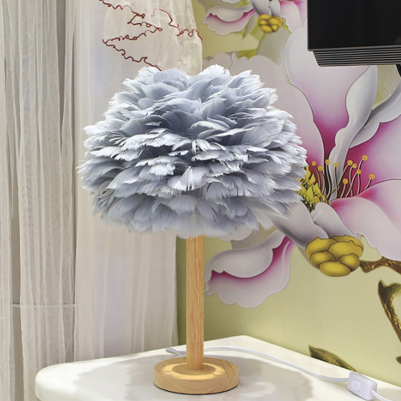 Feder Blumenähnliche Nachtlampe Modern 1-Licht Grau/Blau/Bordeaux und Holz Tischleuchte für Schlafzimmer