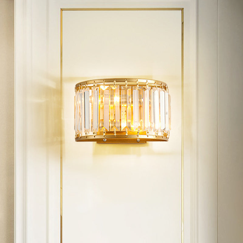 Frendorf | Postmodern 1 Kopf Wandlampe Gold Zylindrisch/Halbe Trommel Wandleuchte mit prismatischem Kristallschirm